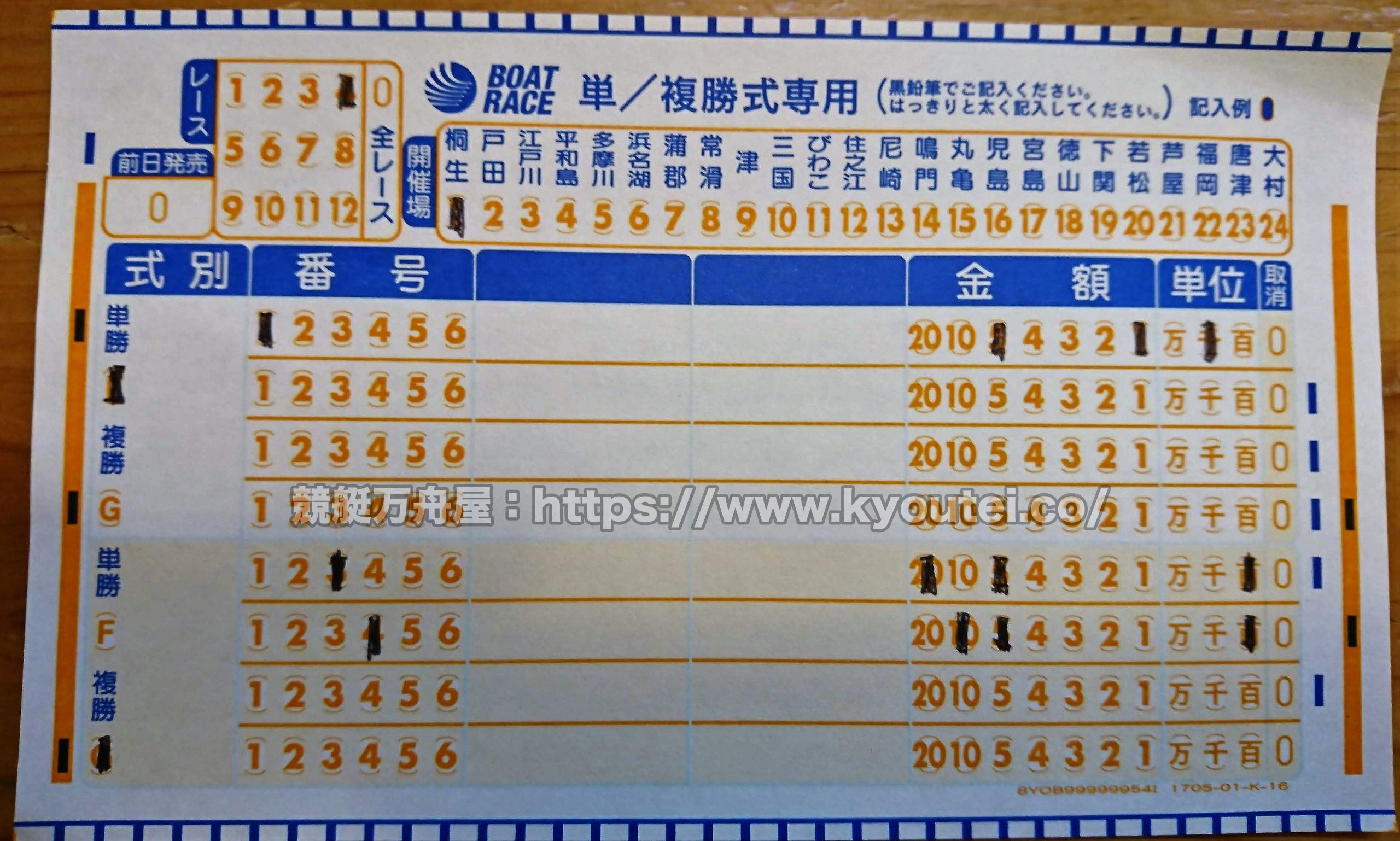 単勝と複勝のマークシート